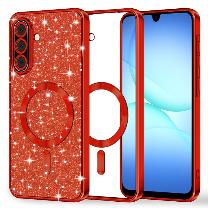 2in1 Glitter MagSafe tok Samsung Galaxy A17 5G / A17 4G / M17 / F17 készülékhez, Teljes védelem, Divatos Csillogó Design, Luxus Tökéletes Illeszkedés, Mágneses Töltés, Piros