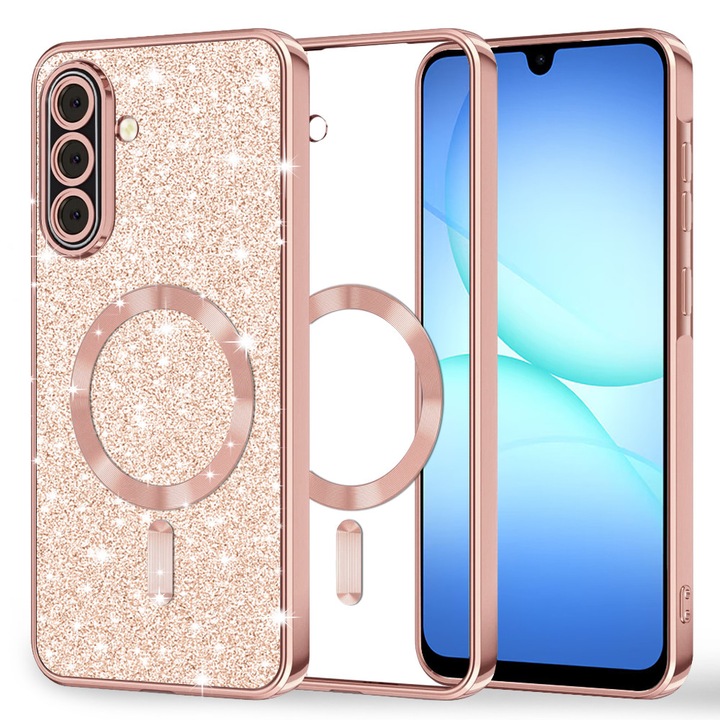 2 az 1-ben Glitter MagSafe tok Samsung Galaxy A17 5G / A17 4G / M17 / F17 készülékhez, Teljes védelem, Trendi csillogó design, Luxus tökéletes illeszkedés, Mágneses töltés, Rose gold
