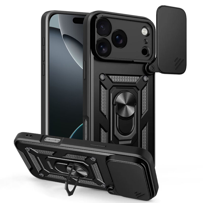 Husa telefon Mat-Tech compatibila cu iPhone 17 Pro Max, Protectie Camera, Inel, Magnet, Anti-Shock, Rugged Protection, Negru