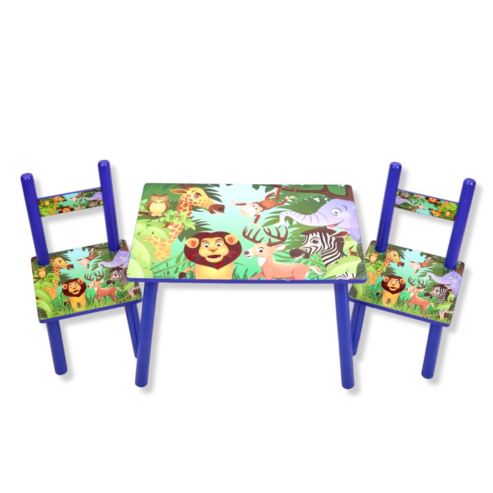 Комплект детска маса и 2 стола, изработен от MDF, Размери 59x39x40 см, Модел Джунгла, Цвят Наситено син
