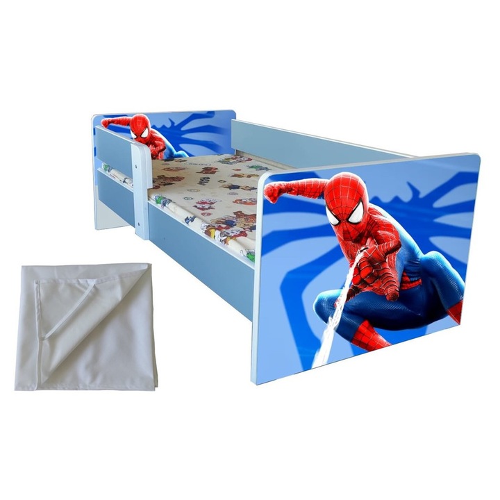 Pat copii Spiderman, 2-9 ani, alb-albastru, saltea inclusa, protectie saltea cadou