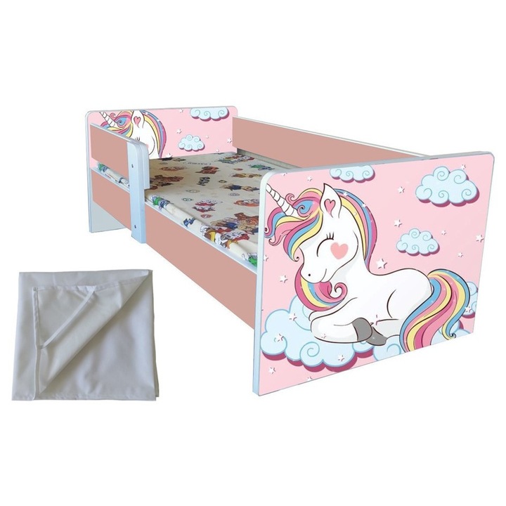 Pat copii Unicorn, 2-9 ani, alb-roz, saltea inclusa, protectie saltea cadou