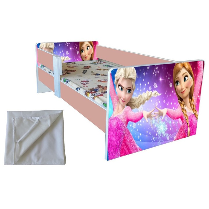 Pat copii Frozen, 2-9 ani, alb-roz, saltea inclusa, protectie saltea cadou