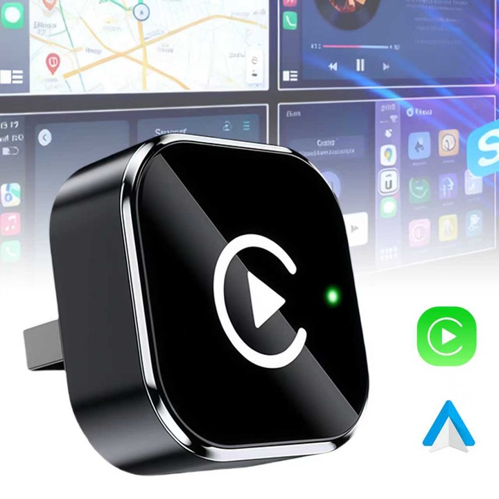 Excitat®, adaptor wireless 2 in 1, transforma CarPlay cu fir intr-un sistem complet wireless pentru iPhone si Android, plug and play, 5,8 GHz, conectivitate Bluetooth si WiFi, control vocal
