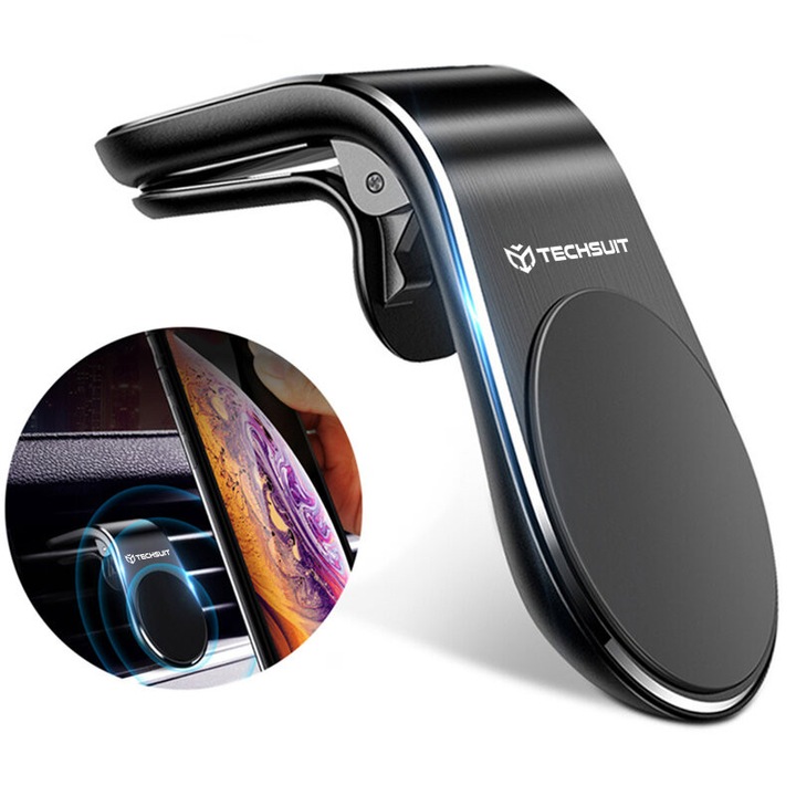 Suport auto pentru telefon/tabletă Techsuit AirGrip, magnet, negru/argintiu, clemă