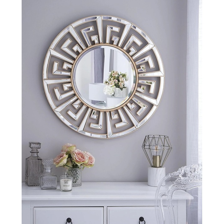 Oglindă decorativă rotundă cu ramă din sticlă, reflexie clară HD, argintie, 70x70cm