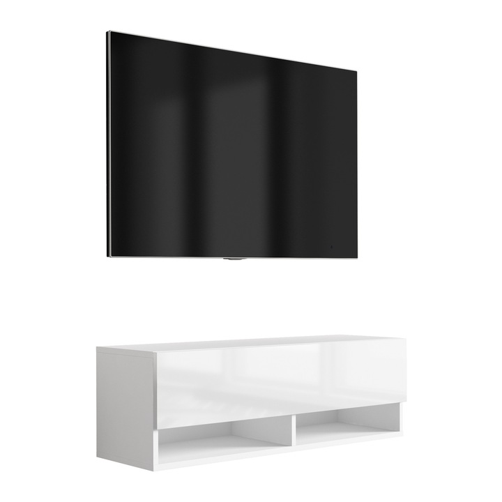 TV állvány, 3xe living, 100 cm, matt fehér / fényes fehér, függesztett, polccal, szekrénnyel, 100 × 32 × 34 cm, anyaga: laminált bútorlap, önszerelő készlet, hidraulikus emelő, színe: fehér, fali rögzítőelemek nem