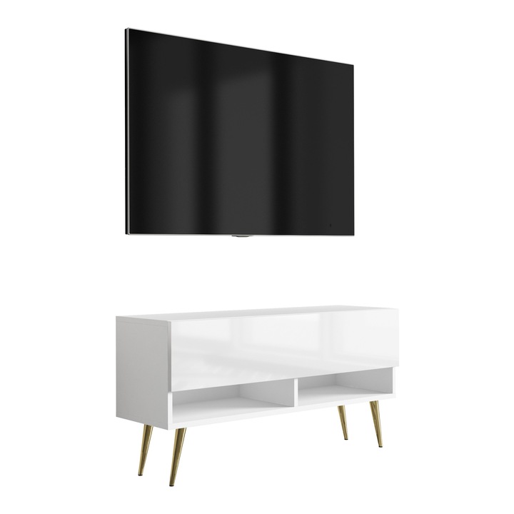 TV állvány, 3xe living, 100 cm, matt fehér / fényes fehér, arany ferde lábak, polccal és szekrénnyel, 100 × 32 × 52 cm, anyag: laminált bútorlap, fém lábak, önszerelhető termék, új, eredeti csomagolásban, könnyen