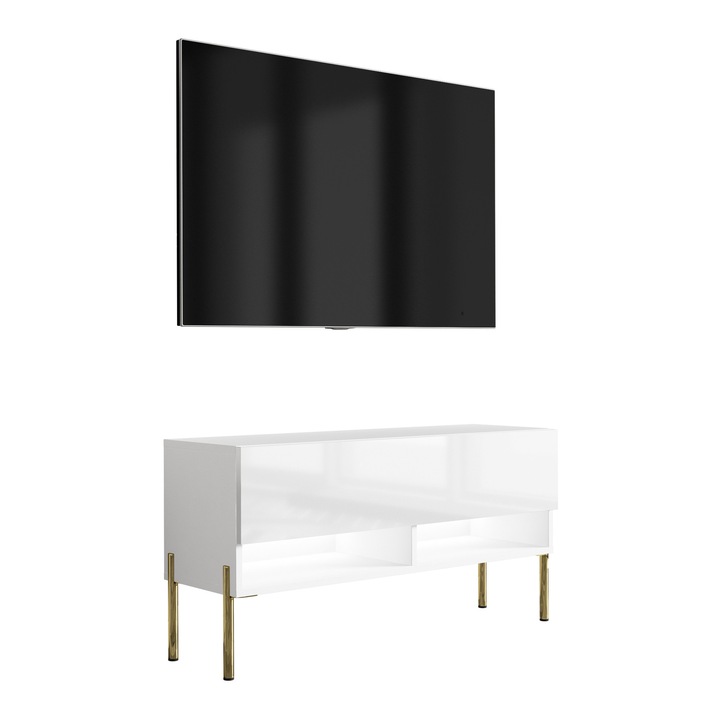 TV állvány, 3xe living, 100 cm, matt fehér / fényes fehér, egyenes arany lábak, fehér LED, 100 × 32 × 52 cm, anyaga: laminált bútorlap, fém lábak, saját kezűleg összeszerelhető termék, új, eredeti