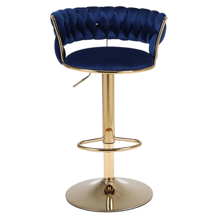 Scaun Bar Premium, Design Modern Cu Finisaj Auriu, Tapiterie Catifea Eleganta, Spatar Confortabil, Suport Picioare Integrat, Inaltime Reglabila, Rotire 360°, Stil Versatil Pentru Bucatarie, Living Sau Bar, Scaun Bar Albastru Inchis