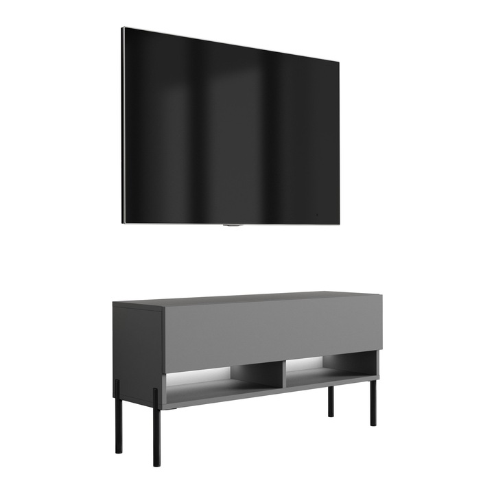 TV állvány, 3xe living, 100 cm, antracit, egyenes fekete lábak, fehér LED, 100 × 32 × 52 cm, anyag: laminált bútorlap, önszerelő készlet, szín: antracit, méretek: szélesség 100 cm, magasság 52 cm, mélység 32 cm, lábmagasság 18