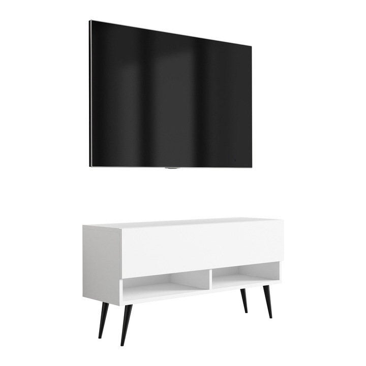 TV állvány, 3xe living, 100 cm, matt fehér, fekete ferde lábak, polccal és szekrénnyel, anyaga: laminált bútorlap, fém lábak, könnyen összeszerelhető, új termék eredeti csomagolásban, önálló összeszereléshez, összeszerelési útmutató mellékelve, színe:
