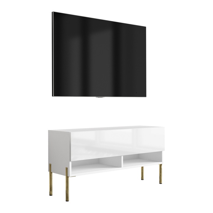 TV állvány, 3xe living, 100 cm, matt fehér / fényes fehér, polccal és szekrénnyel, arany fém lábak, 100 × 32 × 52 cm, saját kezűleg összeszerelhető, új, eredeti csomagolásban, könnyen összeszerelhető, összeszerelési útmutató, anyag: laminált bútorlap