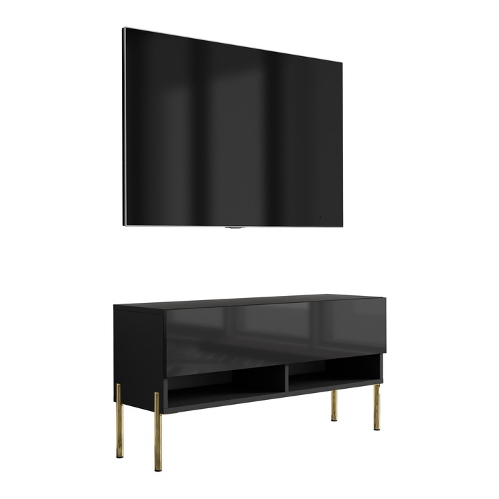 TV állvány, 3xe living, 100 cm, matt fekete / fényes fekete, egyenes arany lábak, polccal és szekrénnyel, 100 × 32 × 52 cm, anyag: laminált bútorlap, saját kezűleg összeszerelhető, könnyen összeszerelhető, új termék eredeti csomagolásban, szín: