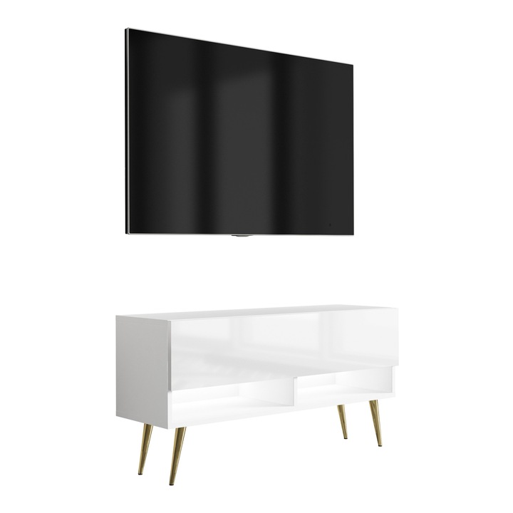 TV állvány, 3xe living, 100 cm, matt fehér / fényes fehér, arany ferde lábak, polccal és szekrénnyel, hidraulikus emelővel, 100 × 32 × 52 cm, anyag: laminált bútorlap, fém lábak, saját kezűleg összeszerelhető, új termék eredeti