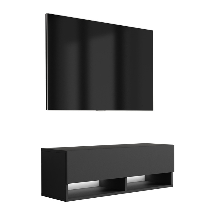 TV állvány, 3xe living, 100 cm, matt fekete, polccal és szekrénnyel, 100 × 32 × 34 cm, anyaga: laminált bútorlap, hidraulikus emelő, könnyű összeszerelés, új termék eredeti csomagolásban, fali rögzítőelemek nem