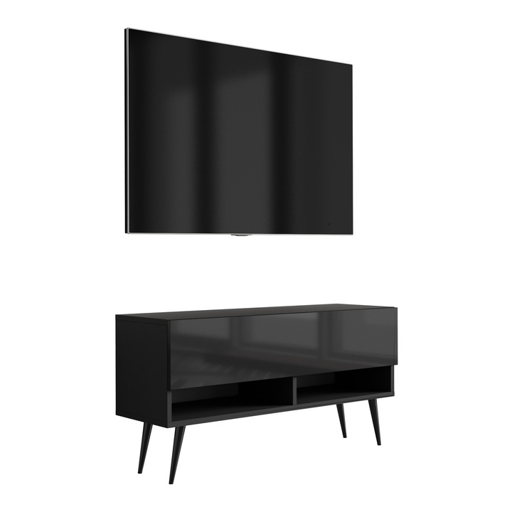 TV állvány, 3xe living, 100 cm, matt fekete / fényes fekete, polccal és szekrénnyel, lábakon, 100 × 32 × 52 cm, anyaga: laminált bútorlap, fém lábak, könnyen összeszerelhető, új termék eredeti csomagolásban, önálló összeszereléshez, fali rögzítőelemek