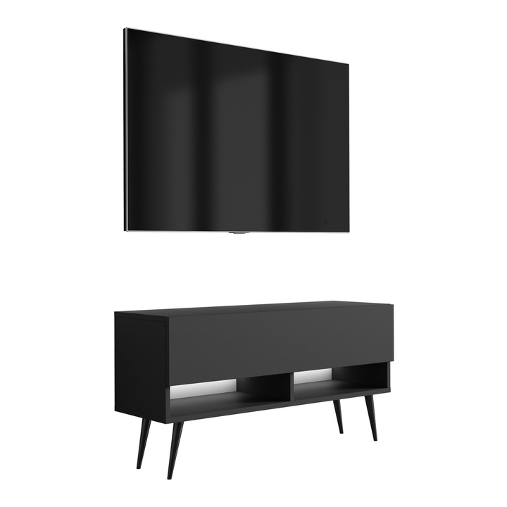 TV állvány, 3xe living, 100 cm, matt fekete, fekete ferde lábak, fehér LED, 100 × 32 × 52 cm, anyaga: laminált bútorlap, fém lábak, saját kezűleg összeszerelhető termék, új, eredeti