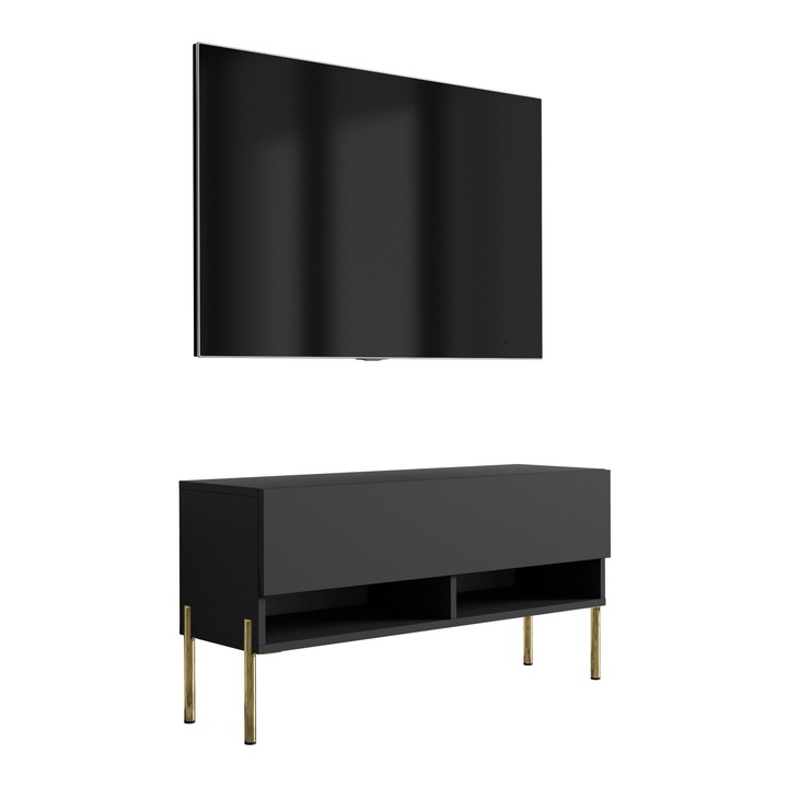TV állvány, 3xe living, 100 cm, matt fekete, egyenes arany lábak, polccal és szekrénnyel, 100 × 32 × 52 cm, anyaga: laminált bútorlap, fém lábak, önszerelhető termék, új, eredeti csomagolásban, fali rögzítőelemek nem