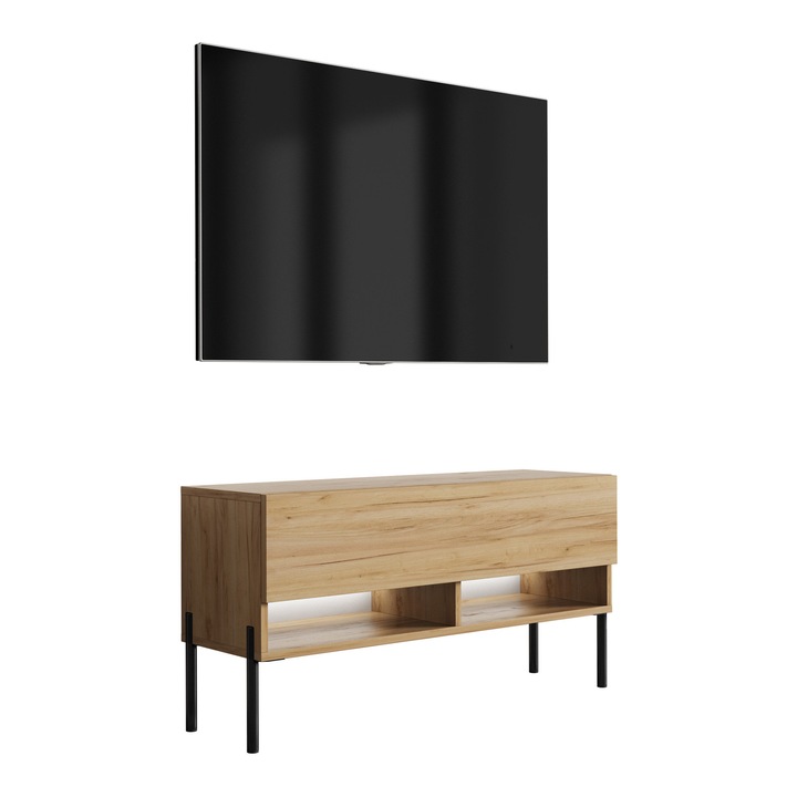 TV állvány, 3xe living, kézműves tölgy, 100 cm, polccal és szekrénnyel, egyenes fekete lábak, fehér LED, 100 × 32 × 52 cm, anyag: laminált bútorlap, fém lábak, saját kezűleg összeszerelhető, szín: kézműves tölgy, fali rögzítőelemek nem