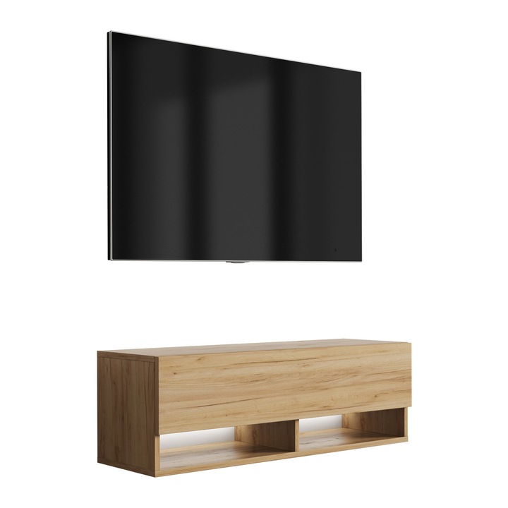 TV állvány, 3xe living, 100 cm, kézműves tölgy, polccal és szekrénnyel, 100 × 32 × 34 cm, LED háttérvilágítással, saját kezűleg összeszerelhető, szín: kézműves tölgy, összeszerelési tartozékok nem tartozékok, anyag: laminált bútorlap, hidraulikus emelő