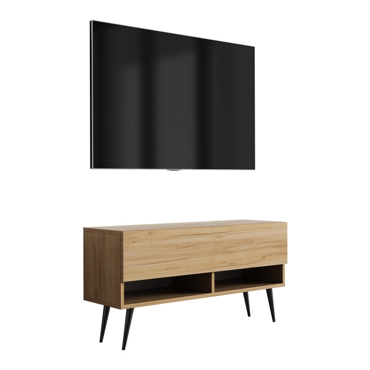 TV állvány, 3xe living, kézműves tölgy, 100 cm, polccal és szekrénnyel, fekete ferde lábakkal, 100 × 32 × 52 cm, anyag: laminált bútorlap, szín: kézműves tölgy, önszerelő készlet, hidraulikus emelő, új termék eredeti