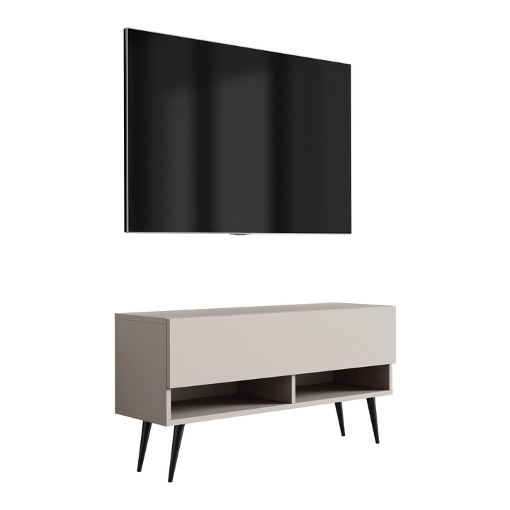 TV-állvány, 3xe living, 100 cm, 100 × 32 × 52 cm, polccal és szekrénnyel, fekete fém lábakkal, saját összeszereléshez, kasmír színű, fali rögzítőelemek nélkül, laminált bútorlap, ABS él, hidraulikus