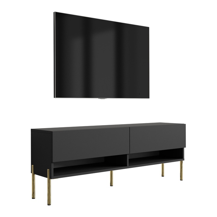 TV állvány, 3xe living, 140 cm, matt fekete, egyenes arany lábak, polccal és szekrénnyel, 140 × 32 × 52 cm, anyaga: laminált bútorlap, fém lábak, önszerelhető termék, új, eredeti csomagolásban, könnyen