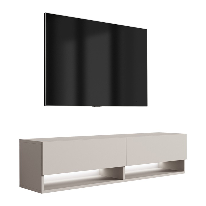 TV állvány, 3xe living, 140 cm, függesztett, polccal és szekrénnyel, kasmír színű, anyaga: laminált bútorlap, méretek: 140 × 32 × 34 cm, könnyen összeszerelhető, új termék eredeti csomagolásban, önszerelő