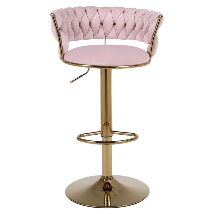 Set 2 Scaune Bar TOP SCAUNE® Premium, Design Modern Cu Finisaj Auriu, Tapiterie Catifea Eleganta, Spatar Confortabil, Suport Picioare Integrat, Inaltime Reglabila, Rotire 360°, Stil Versatil Pentru Bucatarie, Living Sau Bar, Solutie Eleganta Decor, Roz