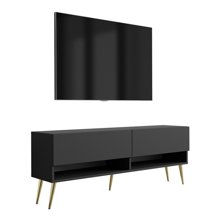 TV állvány, 3xe living, 140 cm, matt fekete, arany ferde lábak, polccal és szekrénnyel, anyaga: laminált bútorlap, fém lábak, saját összeszereléshez, méretek: 140 × 32 × 52 cm, új, eredeti csomagolásban, könnyen