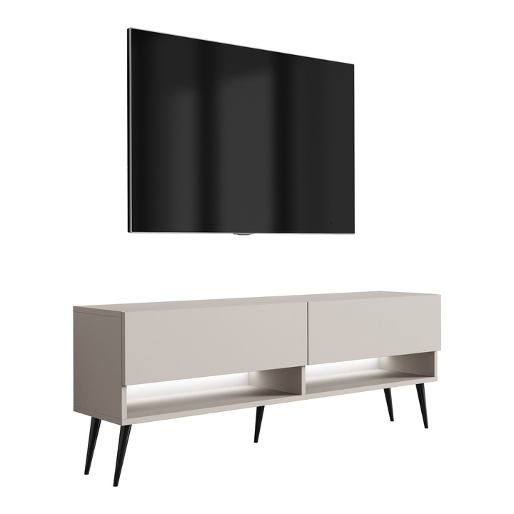 TV állvány, 3xe living, 140 cm, 32 cm, 52 cm, polccal, szekrénnyel, fekete fém lábak, fehér LED, kasmír szín, önszerelő készlet, laminált bútorlap, könnyű összeszerelés, új
