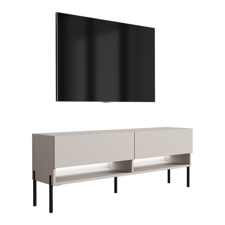 TV állvány, 3xe living, 140 cm, polccal és szekrénnyel, fekete fém lábak, hidraulikus emelés, kasmír szín, önszerelő készlet, laminált forgácslap, könnyű összeszerelés, új termék eredeti csomagolásban, méretek 140 × 32 × 52