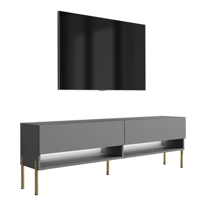 TV szekrény, 3xe living, antracit, 170 cm, 32 cm mély, 52 cm magas, arany fém lábak, LED háttérvilágítás, saját kezűleg összeszerelhető, az összeszerelési tartozékok nem tartozékok, anyag: laminált bútorlap, szín: antracit, lábméretek: 18 cm