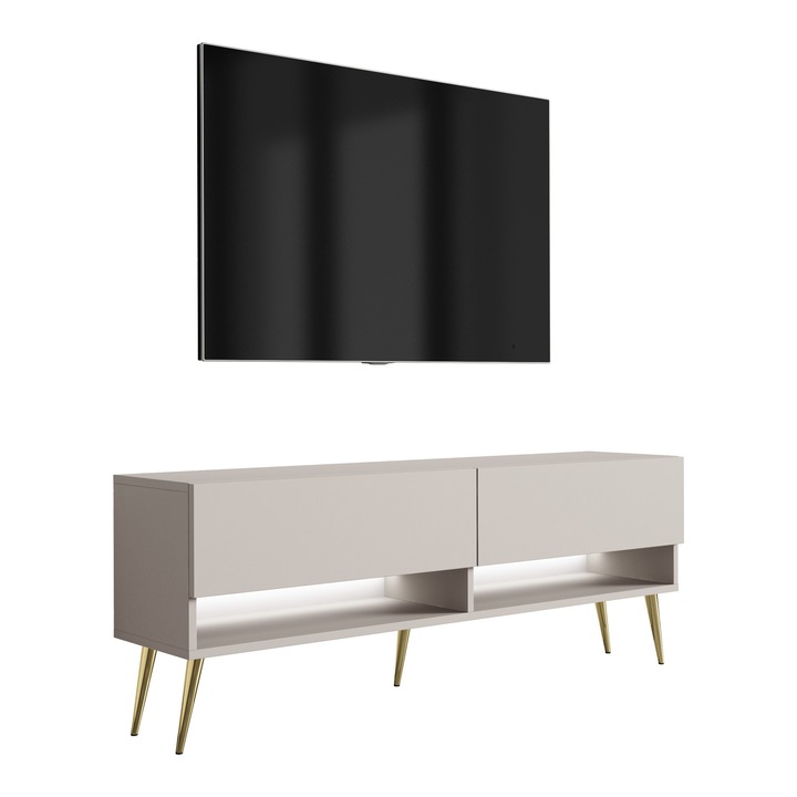TV állvány, 3xe living, 140 cm, kasmír, arany ferde lábak, hidraulikus emelés, polccal és szekrénnyel, fehér LED, 140 × 32 × 52 cm, anyag: laminált bútorlap, önszerelő készlet, szín: kasmír, fém lábak 18 cm, könnyen