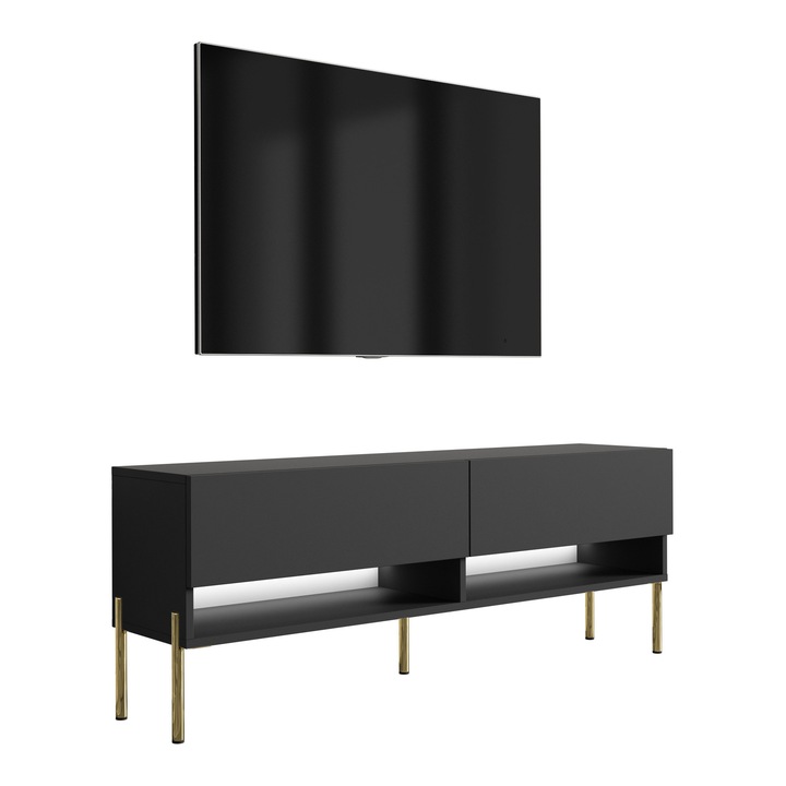 TV állvány, 3xe living, 140 cm, matt fekete, arany fém lábak, polccal és szekrénnyel, 140 × 32 × 52 cm, anyag: laminált bútorlap, könnyen összeszerelhető, új termék eredeti csomagolásban, önálló összeszereléshez, hidraulikus emelő, szín: matt fekete, a