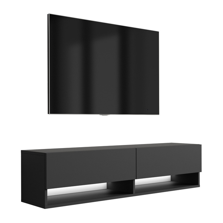 TV állvány, 3xe living, matt fekete, 140 cm, 140 × 32 × 34 cm, polccal, szekrénnyel, LED háttérvilágítással, saját összeszereléshez, fekete, összeszerelési tartozékok nélkül, laminált bútorlap, hidraulikus