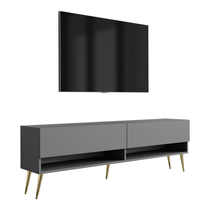 TV állvány, 3xe living, 170 cm, antracit, polccal és szekrénnyel, arany ferde lábak, 170 × 32 × 52 cm, anyag: laminált bútorlap, fém lábak, könnyű összeszerelés, új termék eredeti csomagolásban, önálló összeszereléshez, fali rögzítőelemek nem
