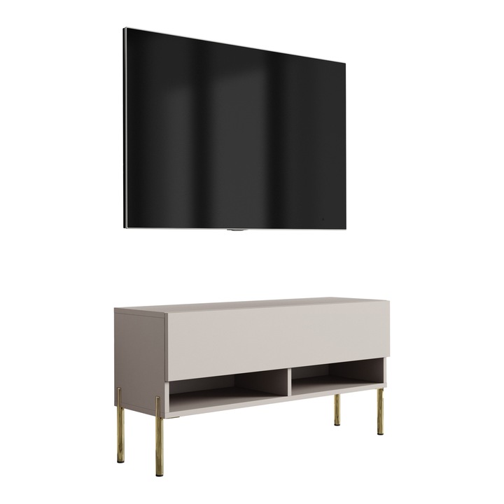 TV állvány, 3xe living, 100 cm, polccal és szekrénnyel, arany fém lábak, 100 × 32 × 52 cm, kasmír színű, önszerelő készlet, laminált bútorlap, hidraulikus emelő, könnyű