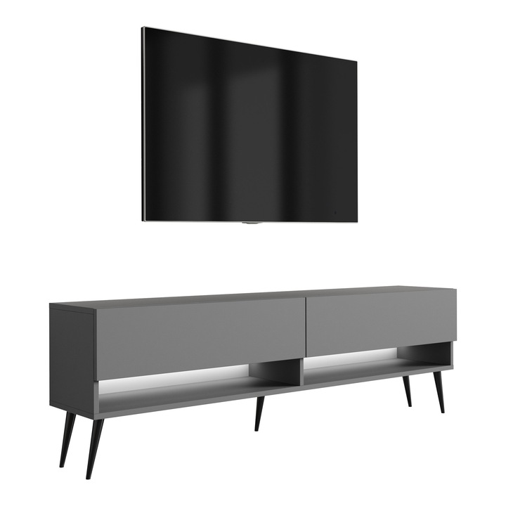 TV állvány, 3xe living, 170 cm, antracit, polccal és szekrénnyel, fekete ferde lábakkal, hidraulikus emelővel, könnyen összeszerelhető, új, eredeti csomagolásban, anyag: laminált bútorlap, fém, szín: antracit, önszerelő készlet, méretek: 170 × 32 × 52