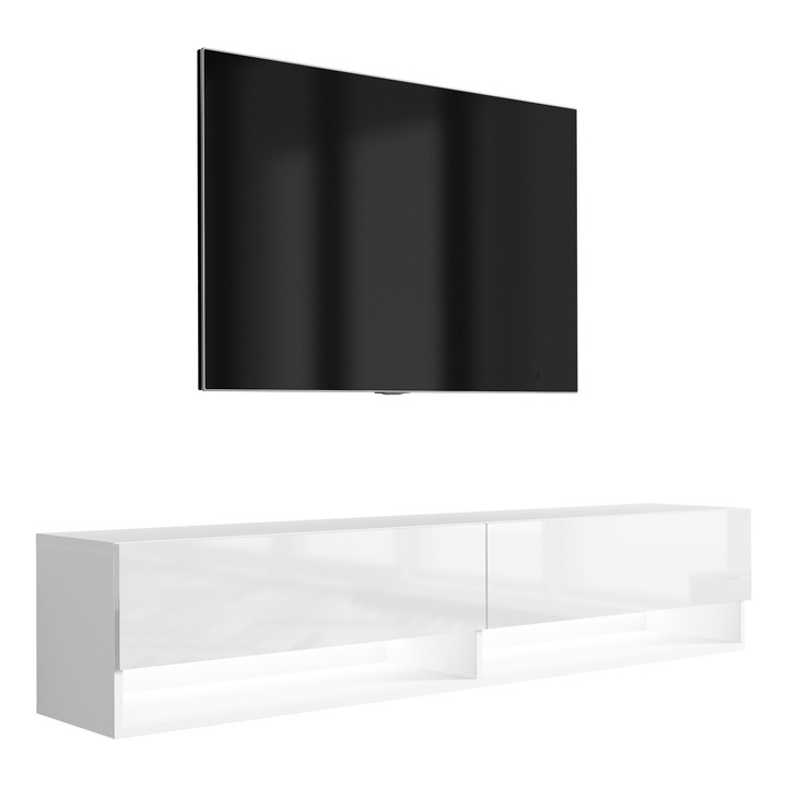 TV állvány, 3xe living, 170 cm, matt fehér / fényes fehér, polccal és szekrénnyel, LED háttérvilágítással, 170 × 32 × 34 cm, saját kezűleg összeszerelhető, fehér színű, az összeszerelési tartozékok nem tartozékok, laminált bútorlap, hidraulikus emelő