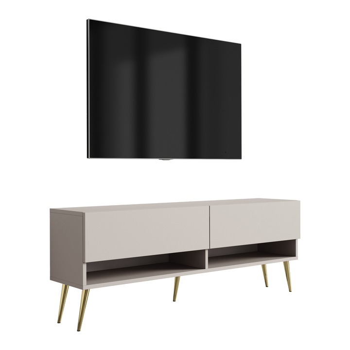 TV állvány, 3xe living, 140 cm, 32 cm mély, 52 cm magas, arany ferde lábak, anyaga: laminált bútorlap, színe: kasmír, önszerelő készlet, hidraulikus emelő, új termék eredeti