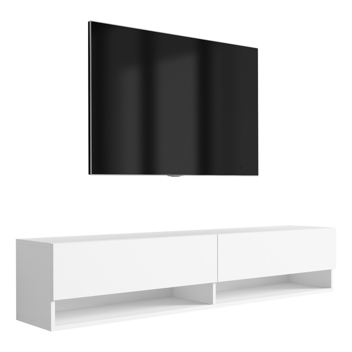 TV fali szekrény, 3xe living, 170 cm, matt fehér, 170 × 32 × 34 cm, polccal, szekrénnyel, saját összeszereléshez, anyaga: laminált bútorlap, hidraulikus emelő, a fali rögzítőelemek nem