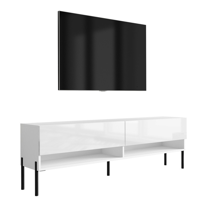 TV állvány, 3xe living, 170 cm, matt fehér / fényes fehér, polccal és szekrénnyel, fekete fém lábak, 170 × 32 × 52 cm, anyag: laminált bútorlap, önszerelő készlet, szín: fehér, méretek: szélesség 170 cm, magasság 52 cm, mélység 32 cm, lábmagasság 18 cm