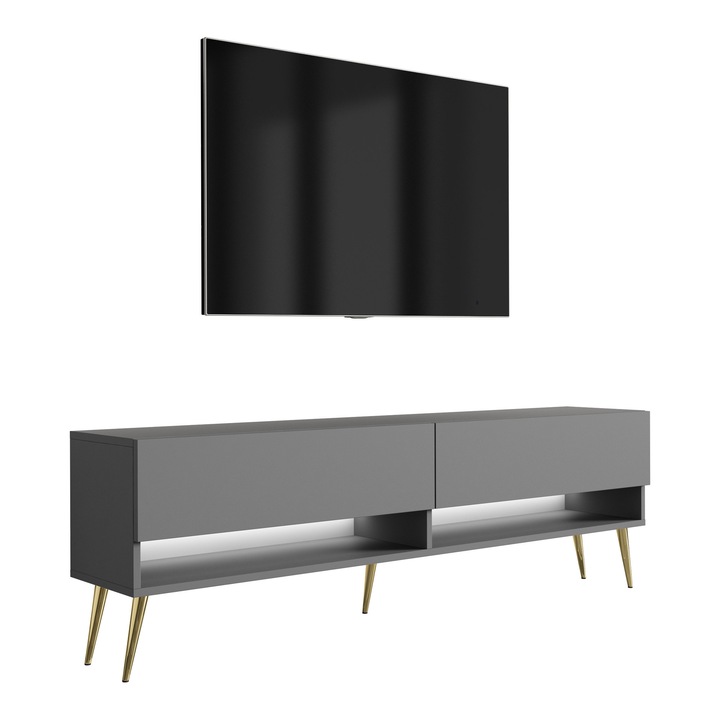 TV állvány, 3xe living, 170 cm, antracit, arany ferde lábak, polccal és szekrénnyel, hidraulikus emelővel, antracit színű előlap, laminált bútorlap anyag, könnyű összeszerelés, új termék eredeti csomagolásban, saját kezűleg