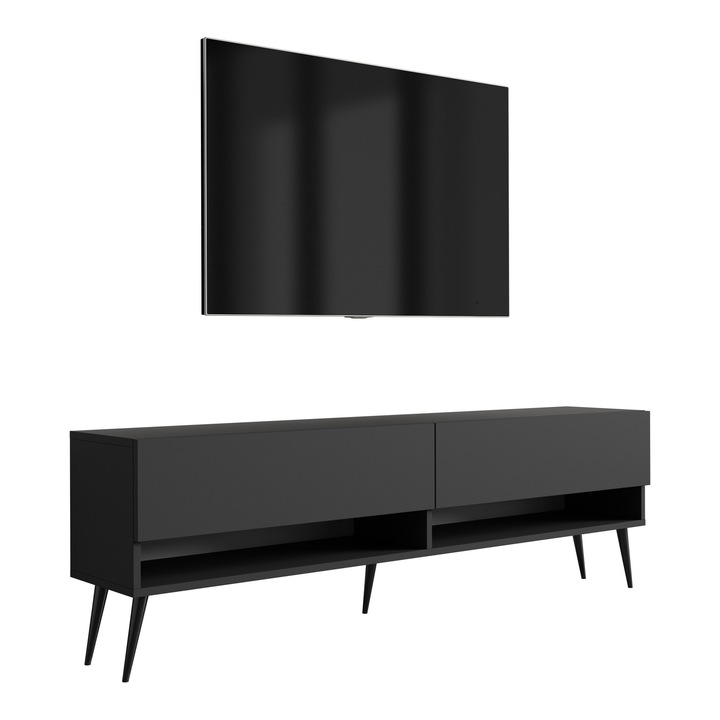 TV állvány, 3xe living, 170 cm, matt fekete, polccal és szekrénnyel, fém lábakkal, könnyen összeszerelhető, új, eredeti csomagolásban, saját kezűleg összeszerelhető, 170 × 32 × 52 cm, fekete, fali rögzítőelemek nélkül, laminált lap, hidraulikus