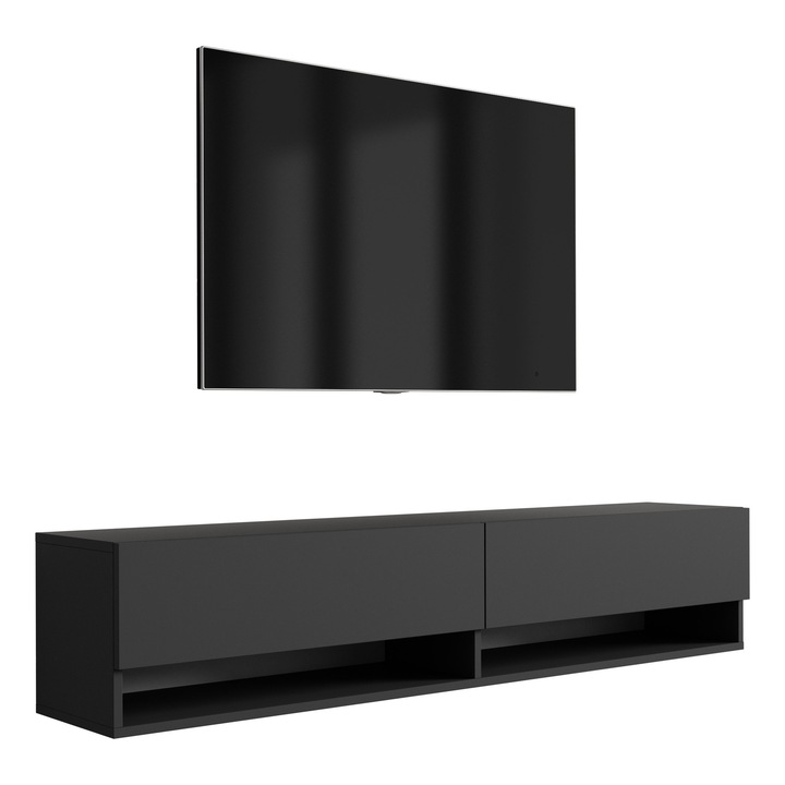 TV-állvány, 3xe living, 170 cm, 170 × 32 × 34 cm, függeszthető, polccal, szekrénnyel, matt fekete, önszerelő készlet, laminált bútorlap, könnyű összeszerelés, hidraulikus emelő, új, eredeti