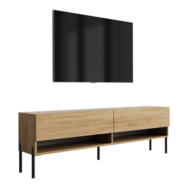 TV állvány, 3xe living, 170 cm, kézműves tölgy, fekete fém lábak, polc, szekrény, önszerelhető termék, kézműves tölgy színben, összeszerelési tartozékok nem tartozékok, 16 mm-es laminált bútorlap, 0, 5 mm-es ABS él, lábmagasság 18 cm, könnyű