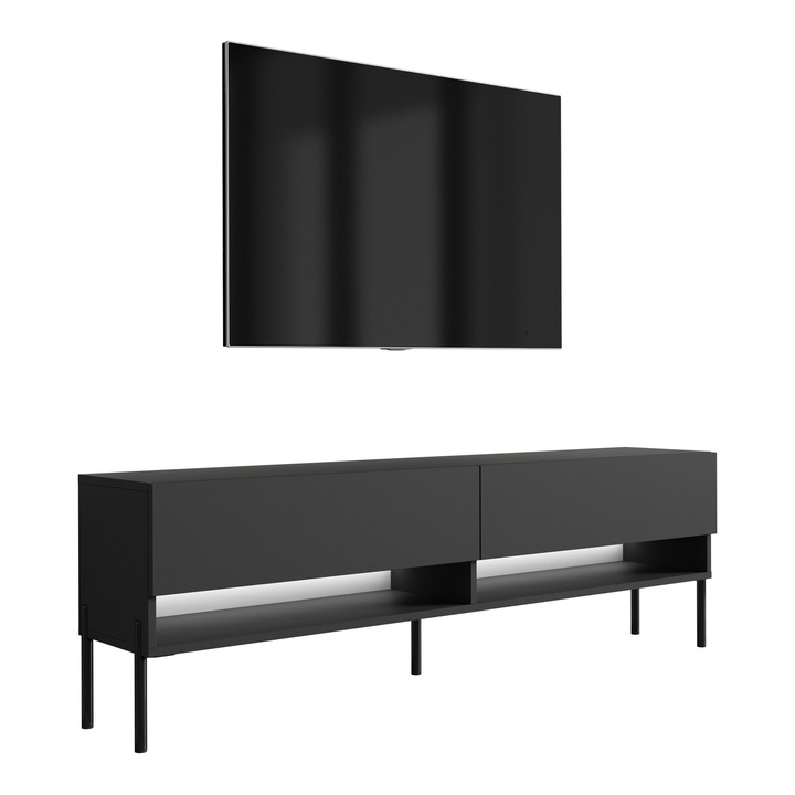 TV állvány, 3xe living, 170 cm, matt fekete, polccal és szekrénnyel, fém lábakkal, hidraulikus emelővel, 170 × 32 × 52 cm, önszerelő készlet, anyag: laminált bútorlap, szín: fekete, lábméretek: 18 cm, szekrénymagasság: 34 cm, könnyű