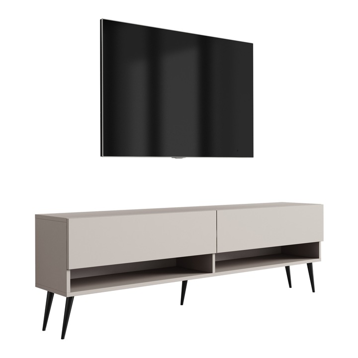 TV-állvány, 3xe living, 170 cm, 170 × 32 × 52 cm, polccal és szekrénnyel, fekete fém lábakkal, saját összeszereléshez, kasmír színű, az összeszerelési tartozékok nem tartozékok, laminált bútorlap, könnyen összeszerelhető, új termék eredeti